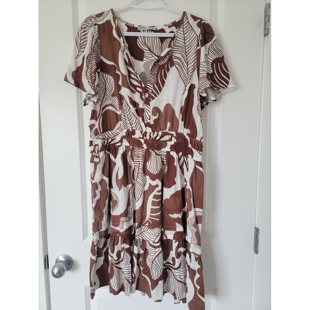 Devoted‎ Brown and White Printed V-Neck Mini Dress